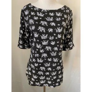 Karen Scott Black / White Elephant Print Half Sleeve Wide Neck Tee Blouse